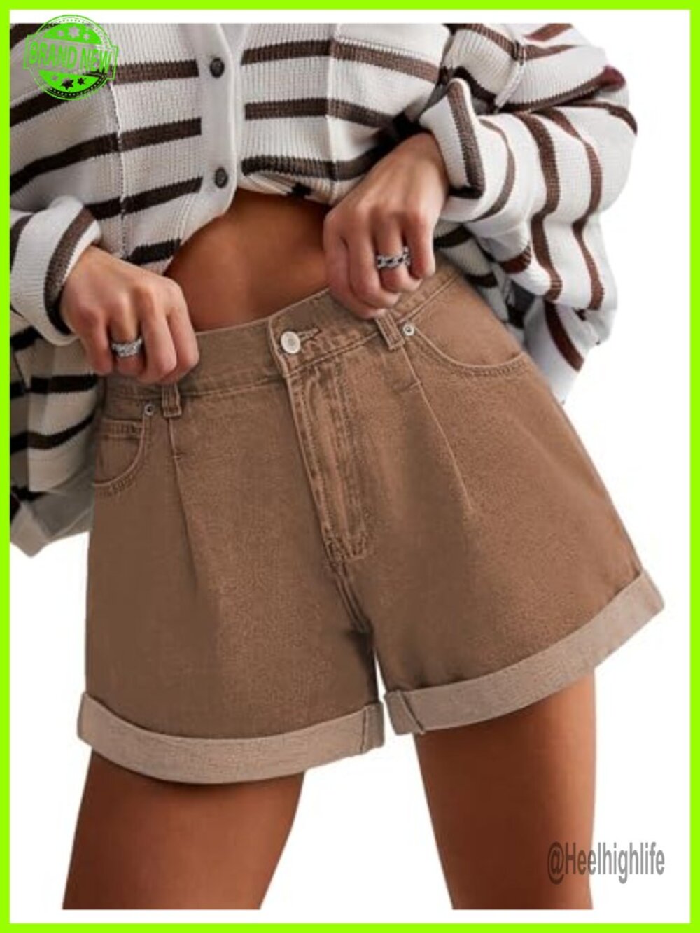 High Waisted Cuffed Denim Shorts Non-Stretch Cotton Jean Shorts